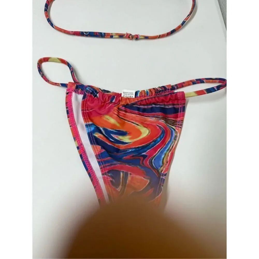 Fluid Print Triangle Halter Tie Strap Backless Bikini Set Cut Out Tie Side Sz S - Picture 6 of 16